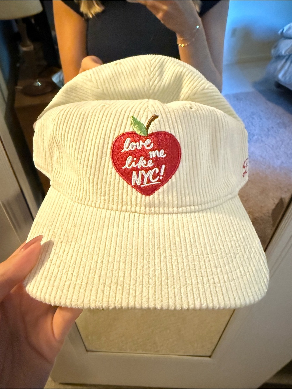 Eleven Eleven Cream Corduroy Cap with Red Apple Embroidery